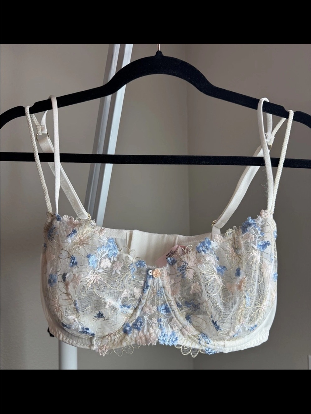 VS Embroidered Floral Lace Bralette in Cream and Light Blue